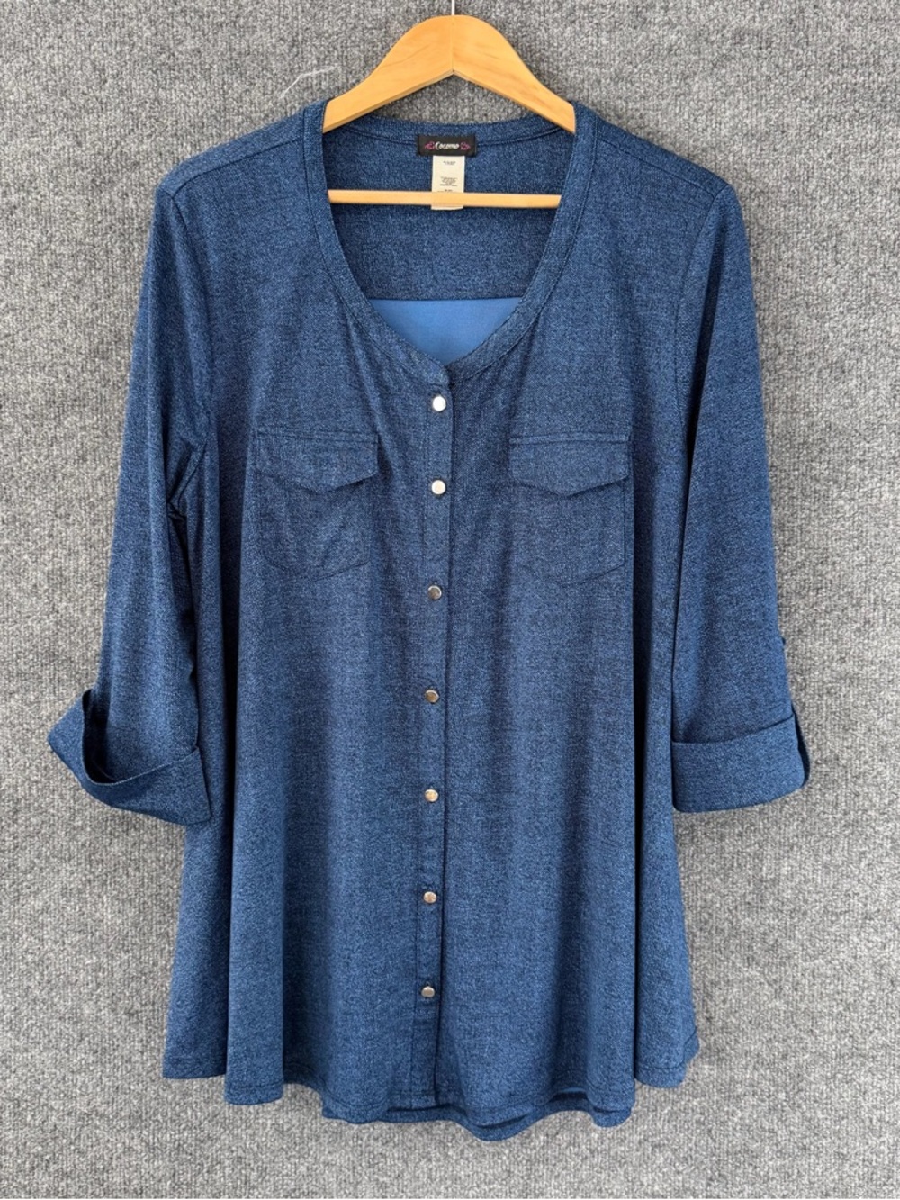 Cocomo Womens 3/4 Sleeve Speckled Button Front Top Size XL Blue Office Stretch